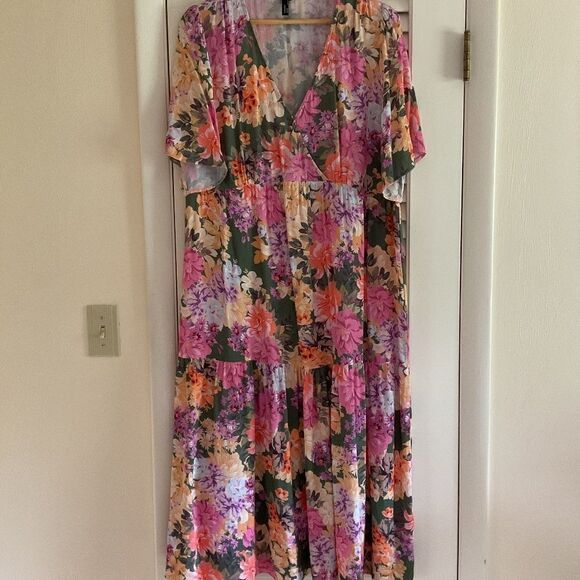 Faux WRAP MIDI FLORAL SUMMER DRESS VISCOSE 100% size US 14 - Picture 2 of 14
